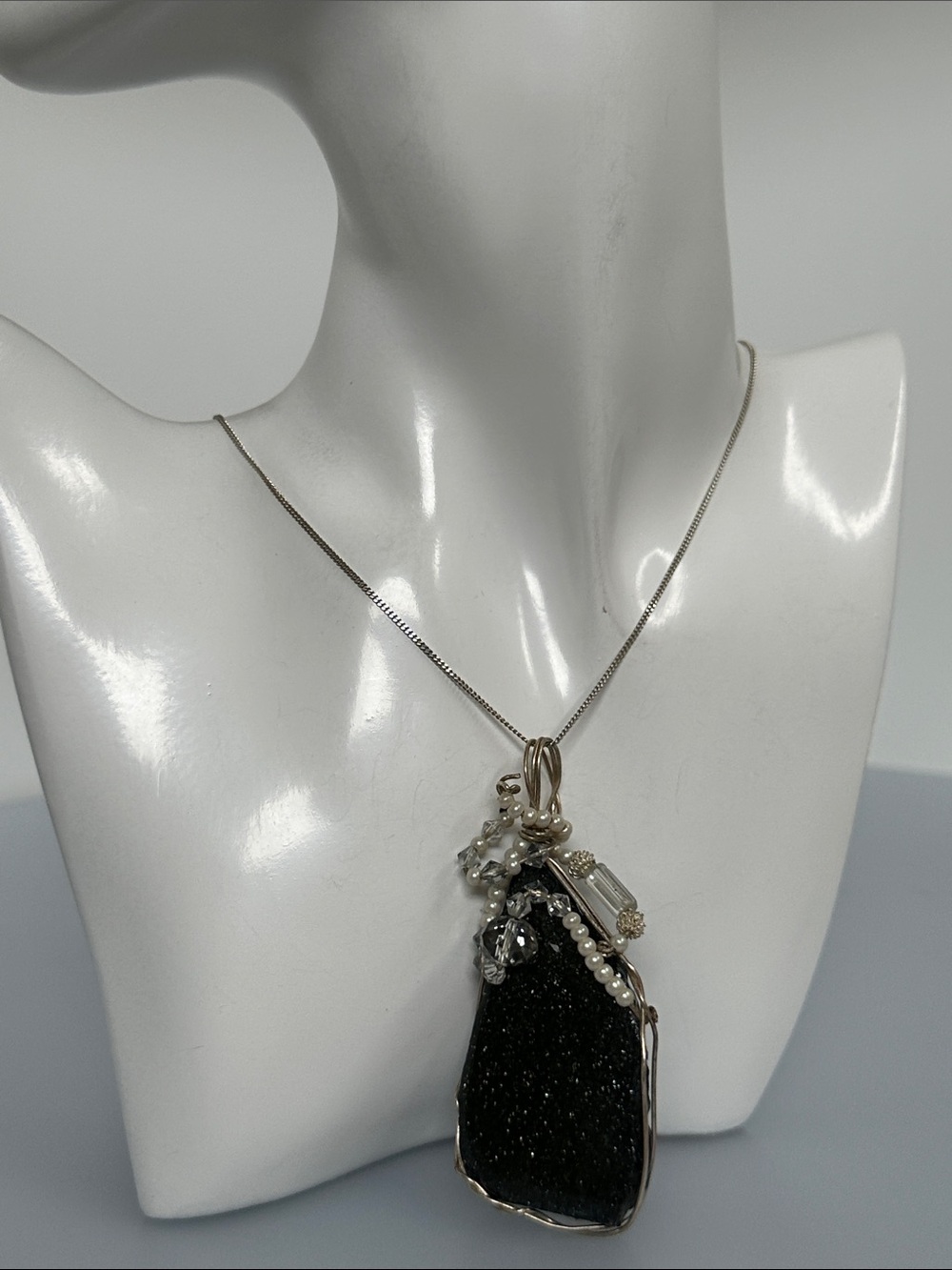 925 sterling silver Green goldstone Pendant Necklace with Pearl Accents